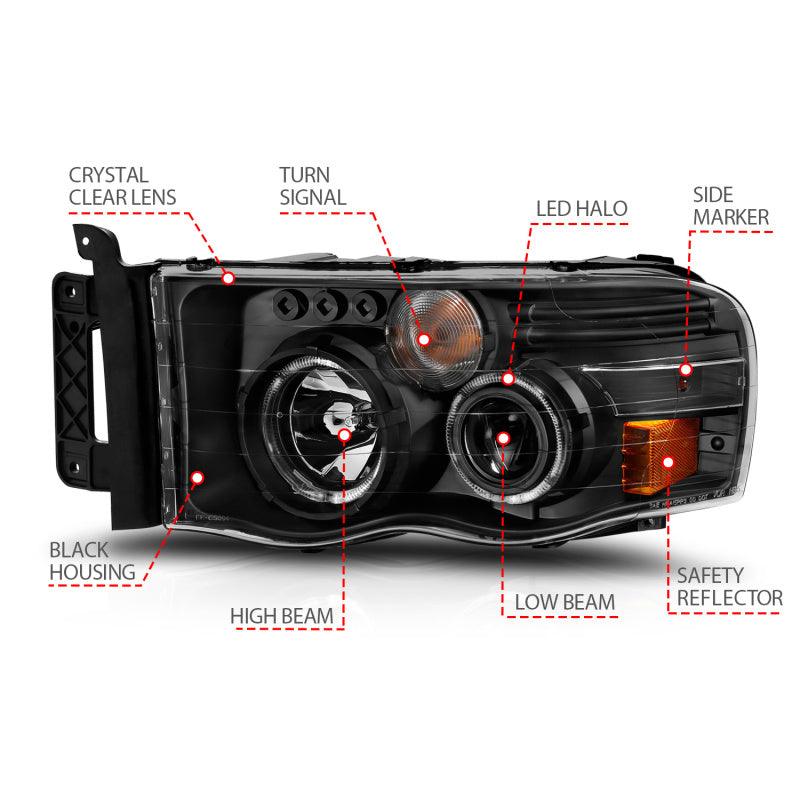 ANZO 2002-2005 Dodge Ram 1500 Projector Headlights w/ Halo Black Clear Amber - Order Your Parts - اطلب قطعك