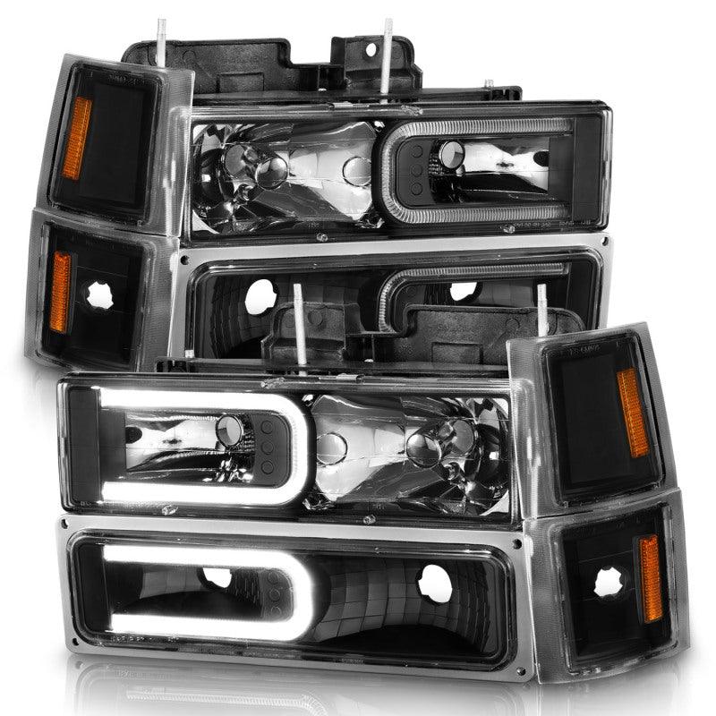 ANZO 88-98 Chevrolet C1500 Crystal Headlights w/ Light Bar Black Housing w/ Signal Side Markers 8Pcs - Order Your Parts - اطلب قطعك