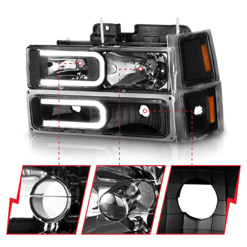 ANZO 88-98 Chevrolet C1500 Crystal Headlights w/ Light Bar Black Housing w/ Signal Side Markers 8Pcs - Order Your Parts - اطلب قطعك
