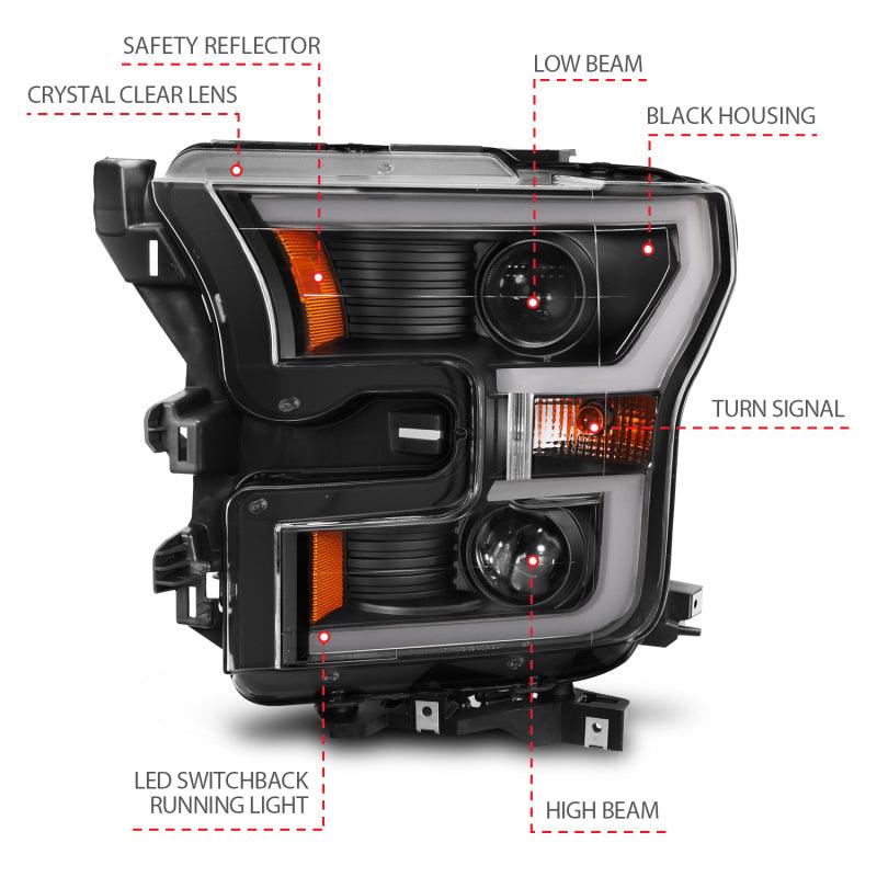 ANZO 2015-2017 Ford F-150 Projector Headlights w/ Plank Style Switchback Black w/ Amber - Order Your Parts - اطلب قطعك