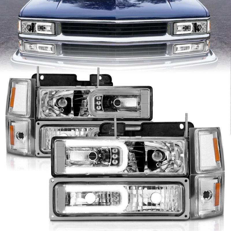 ANZO 88-98 Chevrolet C1500 Crystal Headlights w/Light Bar Chrome Housing w/ Signal Side Markers 8Pcs - Order Your Parts - اطلب قطعك