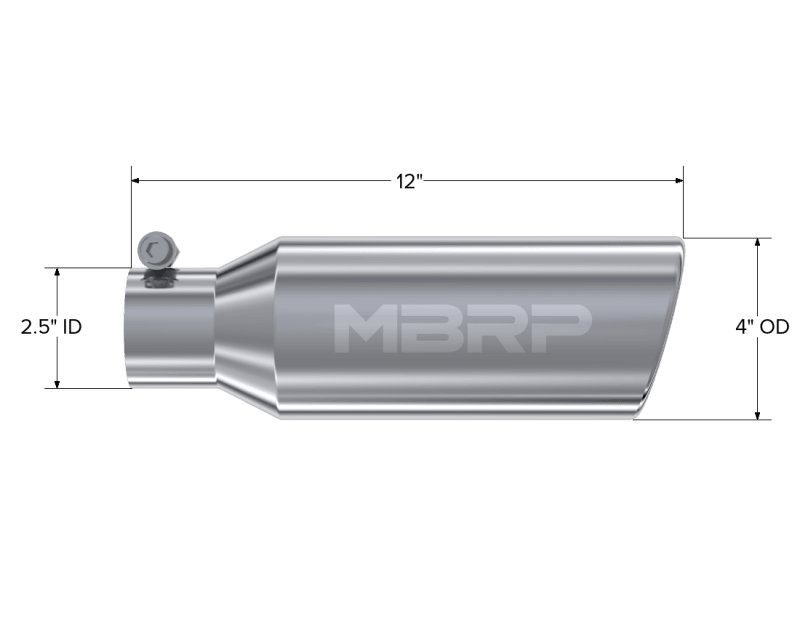 MBRP Universal Tip 4in OD 2.5in Inlet 12in Length Angled Cut Rolled End Clampless No-Weld T304 - Order Your Parts - اطلب قطعك