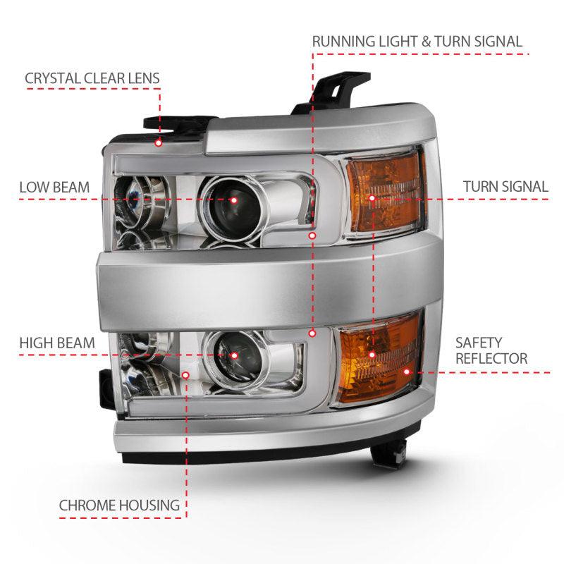 ANZO 2015-2016 Chevrolet Silverado Projector Headlights w/ Plank Style Design Chrome w/ Amber - Order Your Parts - اطلب قطعك