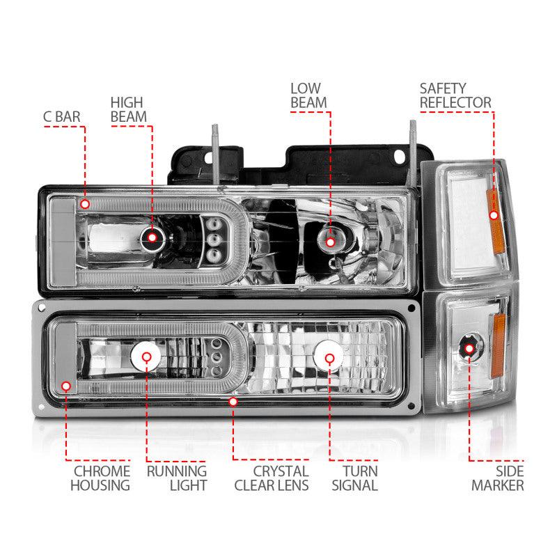 ANZO 88-98 Chevrolet C1500 Crystal Headlights w/Light Bar Chrome Housing w/ Signal Side Markers 8Pcs - Order Your Parts - اطلب قطعك