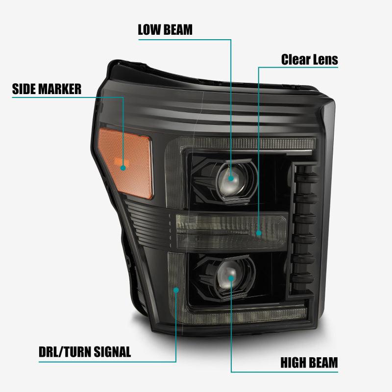 AlphaRex 11-16 Ford F-350 SD LUXX LED Proj Headlights Plank Style Alpha Blk w/Activ Light/Seq Signal - Order Your Parts - اطلب قطعك
