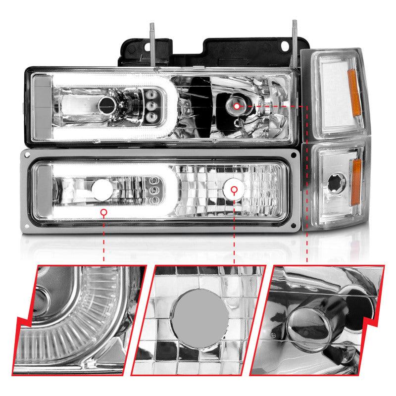 ANZO 88-98 Chevrolet C1500 Crystal Headlights w/Light Bar Chrome Housing w/ Signal Side Markers 8Pcs - Order Your Parts - اطلب قطعك