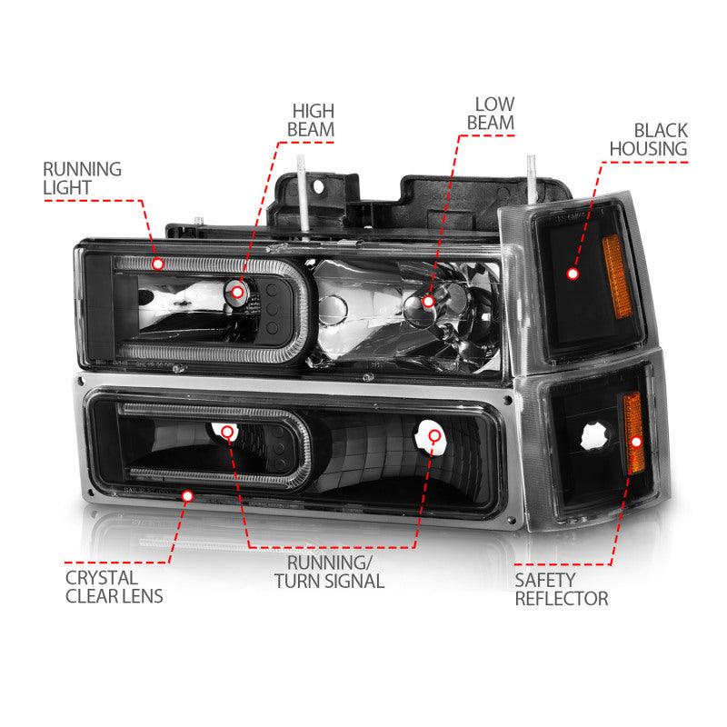 ANZO 88-98 Chevrolet C1500 Crystal Headlights w/ Light Bar Black Housing w/ Signal Side Markers 8Pcs - Order Your Parts - اطلب قطعك