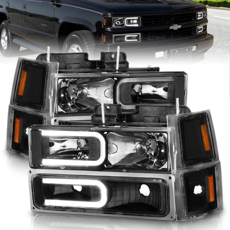 ANZO 88-98 Chevrolet C1500 Crystal Headlights w/ Light Bar Black Housing w/ Signal Side Markers 8Pcs - Order Your Parts - اطلب قطعك