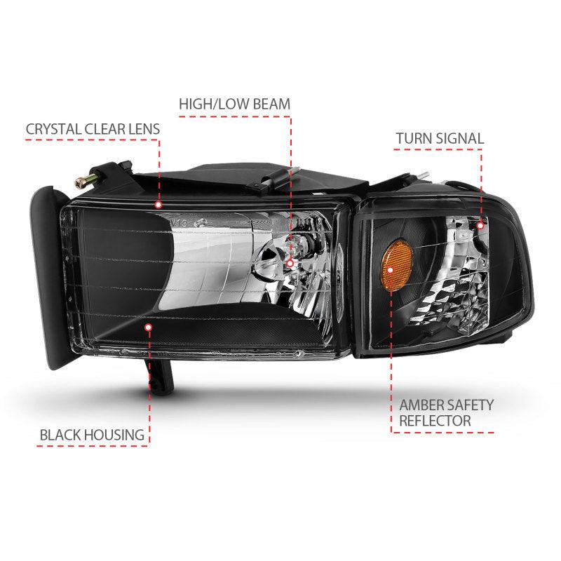 ANZO 1994-2001 Dodge Ram Crystal Headlights Black - Order Your Parts - اطلب قطعك
