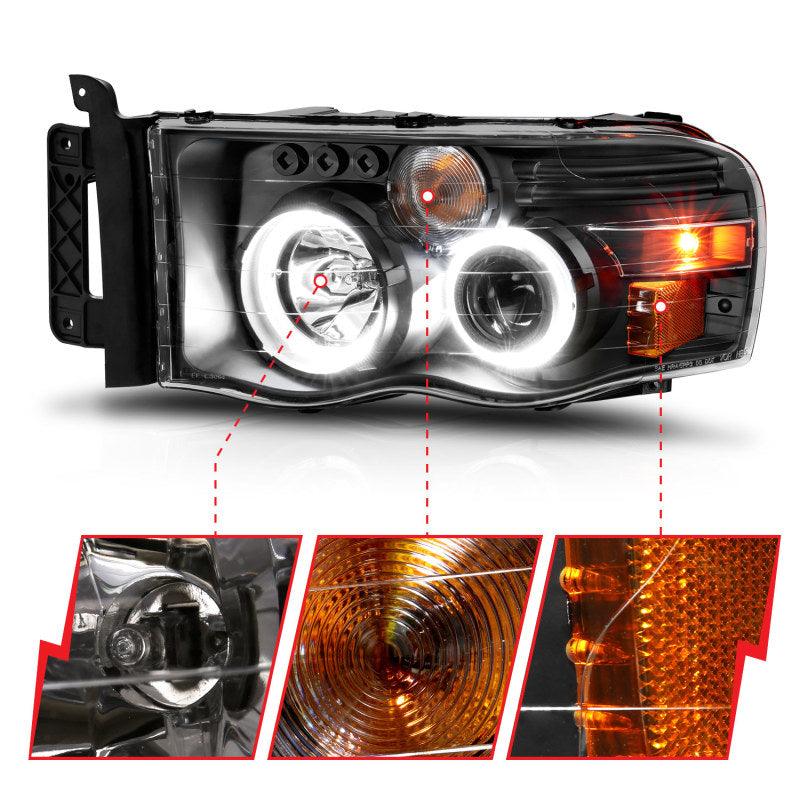 ANZO 2002-2005 Dodge Ram 1500 Projector Headlights w/ Halo Black Clear Amber - Order Your Parts - اطلب قطعك